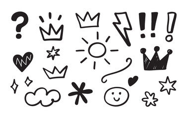 Trendy hand-drawn doodles set including question mark, lightening, sun, crown, stars etc