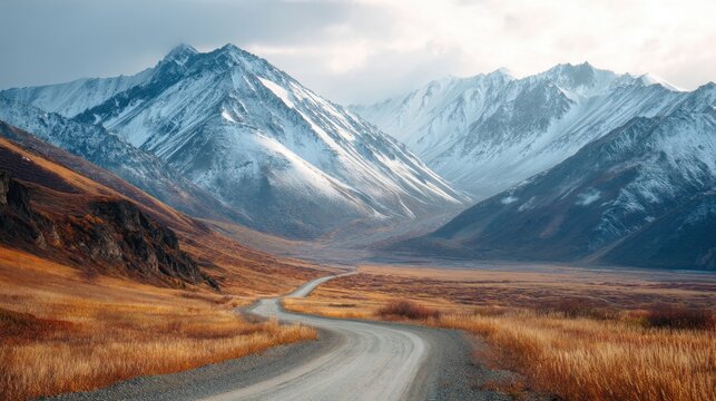 Winding dirt road through a vast alpine valley with snow capped mountains in autumn. Scenic nature landscape for travel and adventure. - Powered by Adobe