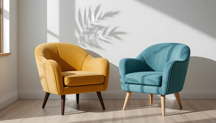 Two armchairs, one yellow and one blue, are placed in a room with sunlight coming through the window