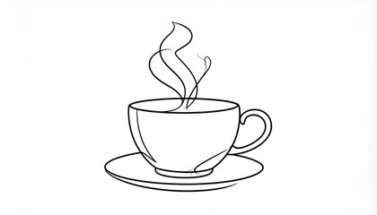 Obraz premium Continuous line art drawing of a steaming hot cup of coffee or tea on a saucer. Minimalist hand-drawn outline vector illustration.