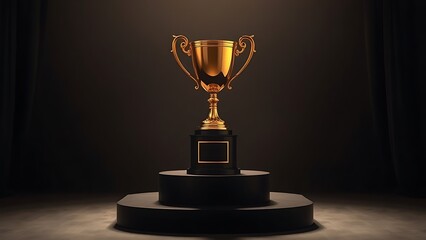 Golden trophy displayed elegantly on a pedestal against a dark backdrop.