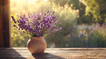 Lavender bouquet in rustic vase on wooden table, sunlight.