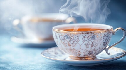 Steaming hot tea in elegant porcelain cup and saucer.