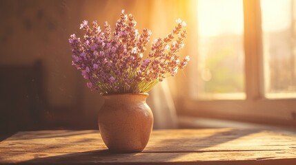 Lavender bouquet in rustic vase, sunlit window.