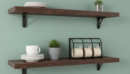 Two wooden shelves with decorative items against a green wall, adding a touch of nature to the space