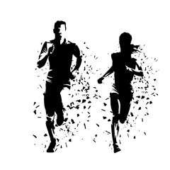 Run, group of running people, man and woman running, isolated vector silhouettes with dispersion effect