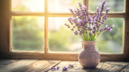 Lavender bouquet in vase by window.