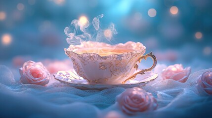 Steaming teacup on lace with roses.