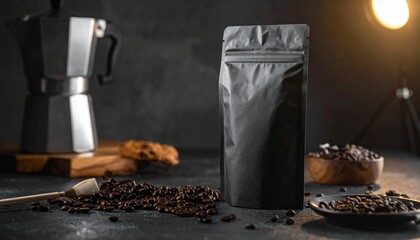 Black coffee packaging mock-up with scattered roasted beans, Moka pot, and warm light on a dark, textured background