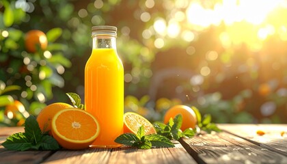 Refreshing bottle of natural orange juice with fresh oranges and mint on a rustic wooden table in warm golden sunlight