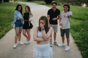 Obraz premium A young woman standing distressed while being pointed at and mocked by peers in a park.