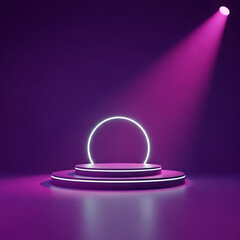 Futuristic neon stage with a spotlight in a dark room