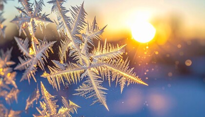 Delicate ice crystals glisten on a frosty window pane, reflecting warm morning sunlight beautifully at dawn.