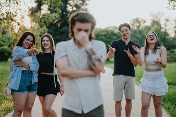 A group of young people laughing together in a park as one individual stands apart, expressing...