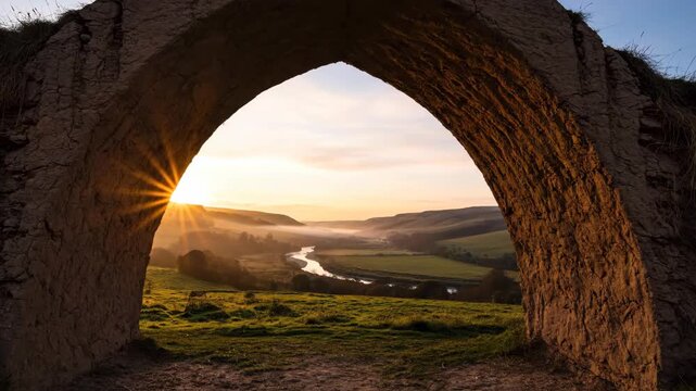 Stone archway frames a misty valley at dawn in a scenic rural landscape