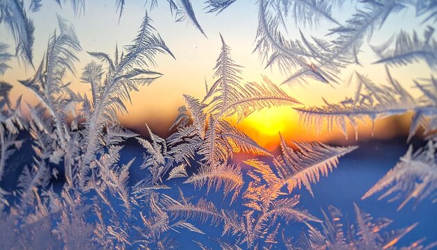 Intricate ice crystals adorn a frosted window pane, beautifully backlit by the warm glow of a golden winter sunrise.
