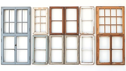 Collection of vintage window frames displayed against white background.