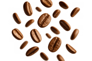 Roasted coffee beans falling and floating, creating dynamic pattern, transparent background, energy and aroma concept