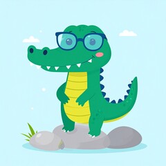 Obraz premium Adorable green cartoon alligator character stands smiling happily on rocks, wearing trendy blue eyeglasses.