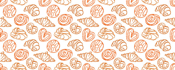Crayon croissants, pretzels and donuts on white background. Doodle bakery background. Sketch pastry cookies seamless pattern 