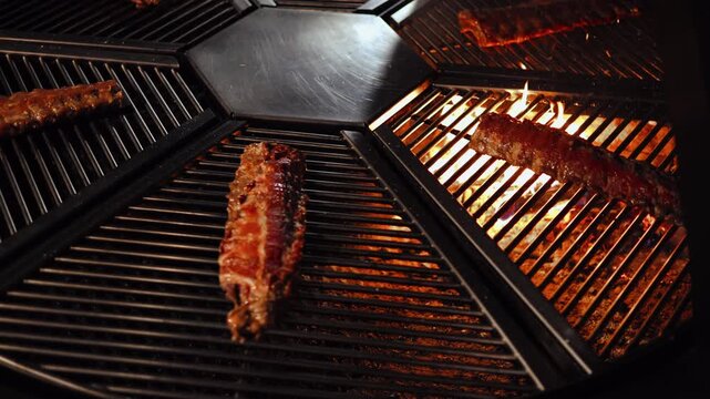 Rotating grilled meat rib: juicy skewers on grill with smoky flames, top view.