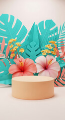 Tropical display stand with hibiscus flowers and large monstera leaves