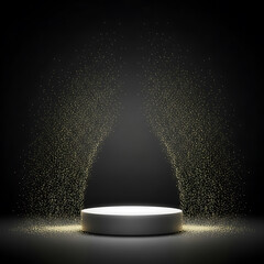 A dark stage with a glowing white pedestal and golden sparkling dust