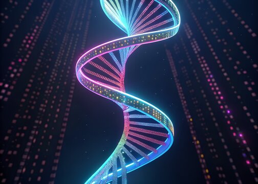 Vibrant glowing double helix dna strand with colorful neon lights against a dark background of digital data streams