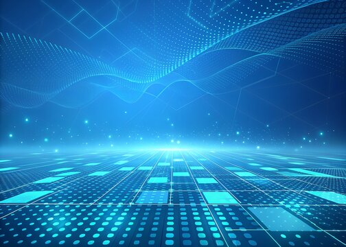 Abstract digital grid landscape with glowing blue light and futuristic network connections creating a sense of technology and data flow - Powered by Adobe