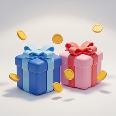 3D Render of Blue and Pink Gift Boxes with Ribbon and Floating Gold Coins on White