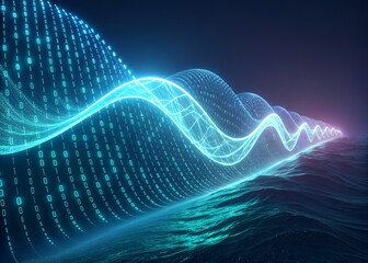 Abstract glowing blue and cyan digital wave of data points flowing across a dark background representing technology and science