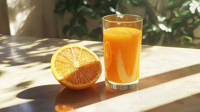 Glass of orange juice and half orange on table in sunlight.