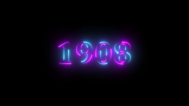 1908 neon line text. Abstract 1908 neon text animation, Glowing neon number text background 4k video animation . important year, important date 1908.