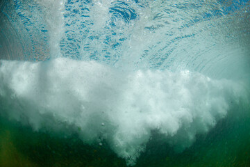 Underwater view behind the breaking wave.