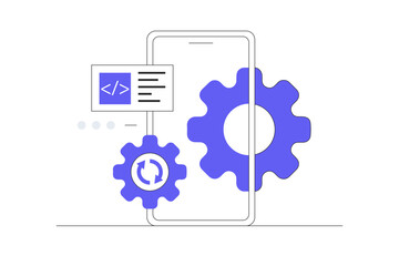 System under maintenance, app upgrade. 404 error page, update on mobile phone or smartphone. Flat Cartoon Vector Illustration, icon Stylish abstract design landing page web