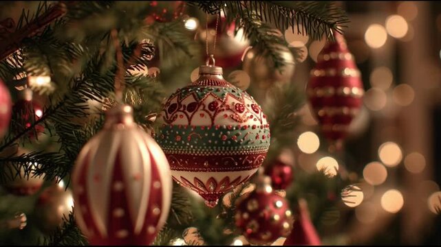 Close Christmas Ornaments Hanging Tree