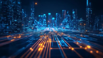 Neon digital city skyline with glowing data streams - Powered by Adobe