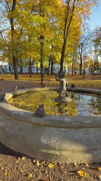 Saint Petersburg. Vertical video of beautiful bronze fountain Boy with a Horn (1887) in Nikolsky Garden near the Nikolay-Bogoyavlensky Naval Cathedral on autumn day with yellow fallen leaves
