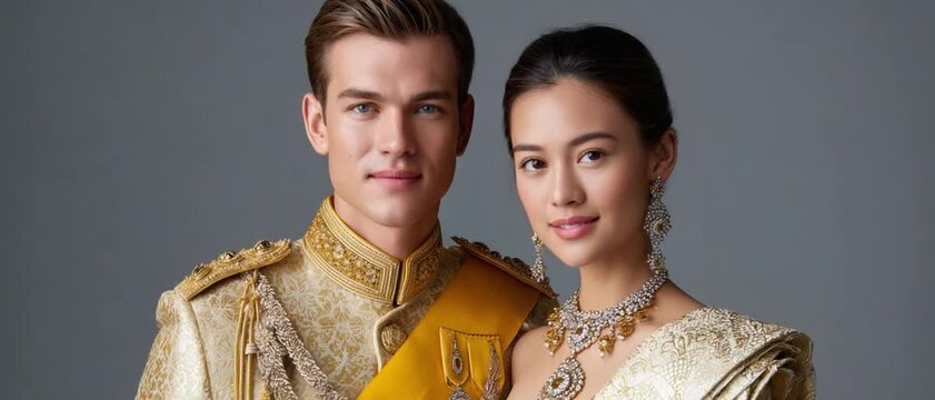 Royal Elegance: A formally attired couple stands together, radiating grace and poise, their attire and expressions hinting at a noble heritage and timeless elegance.
