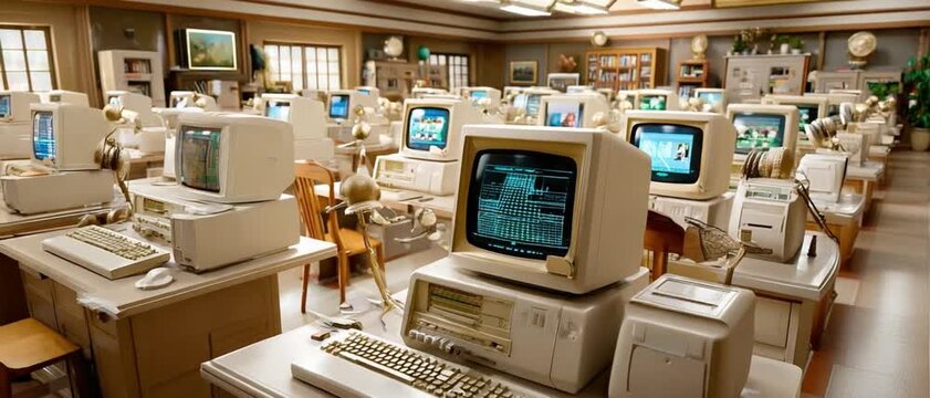 Vintage Computing Environment: A nostalgic scene of a room filled with rows of classic desktop computers and monitors, evoking a sense of history and technological progress.