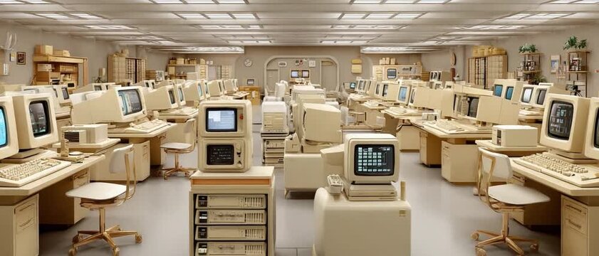 Retro Computing Environment: An immersive view of a vintage computing workspace, packed with classic computers, monitors, and the ambiance of technological history.