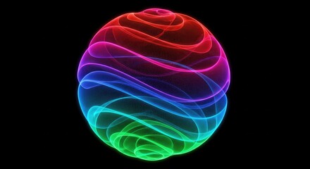 Abstract Sphere Wireframe with Gradient Color Waves on Transparent Background
