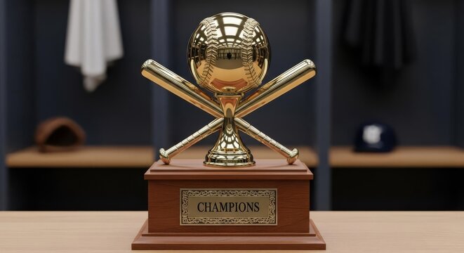 Golden baseball trophy with crossed bats on a wooden base in a locker room.