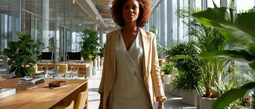 Confident stride in modern workplace: A poised individual, radiating poise and self-assurance, walks towards the camera, her elegant attire enhancing the air of sophistication.