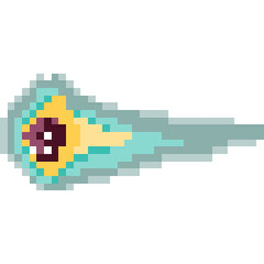 Pixelated Teal and Yellow Comet With Purple Eye Streaking Across Transparent Background In A Retro Video Game Style