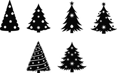 Christmas tree silhouettes, festive holiday icons, black vector trees, seasonal decoration elements, winter celebration graphics, minimalist pine designs, ornament art