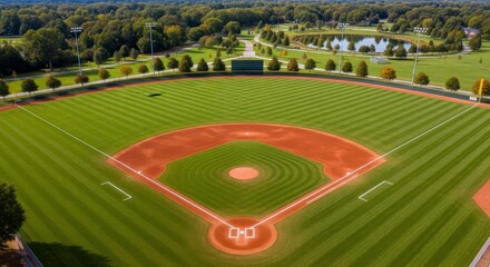High angle aerial view of a pristine, empty baseball field surrounded by lush green trees and a pond.