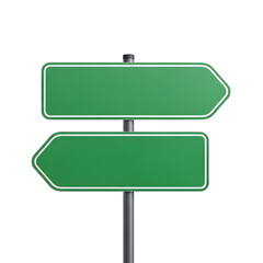 Two green directional road signs on a pole isolated on transparent background
