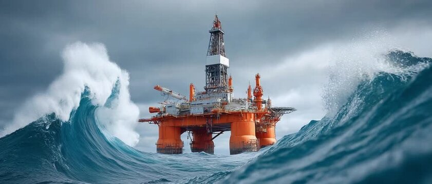 Oceanic Powerhouse: An imposing offshore oil rig battles the churning ocean, a testament to human engineering amid the raw power of nature.