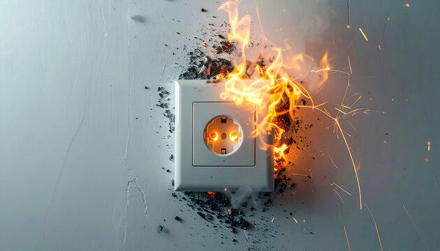 Burned electrical outlet on wall, small sparks. Damaged socket. Fire hazard, electrical malfunction.